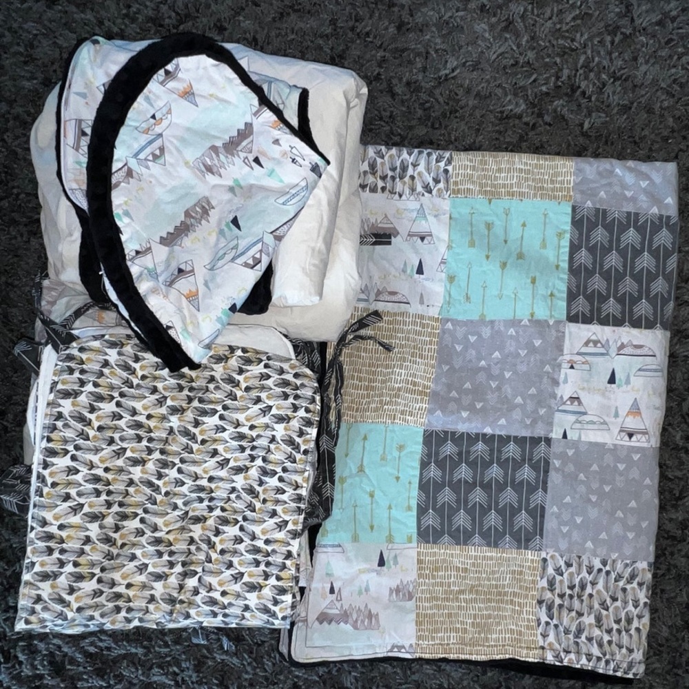 Custom tribal crib set (quilt, sheet, boppy/changing pad cover & extras)